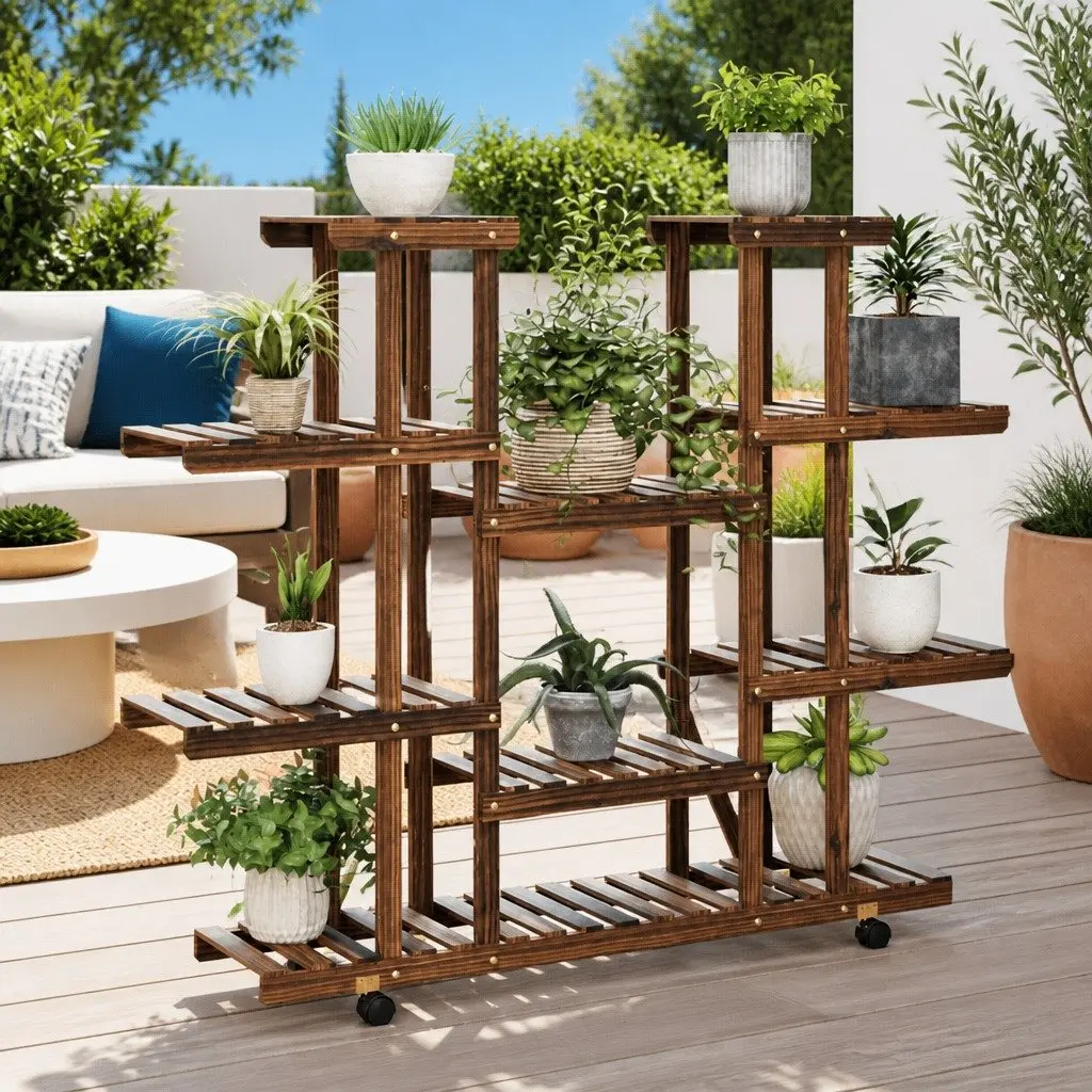 Wooden Plant Stand with Wheels for Home Garden 110 x 25 x 115 cm