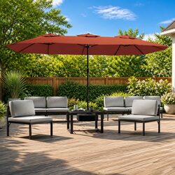 Double-Head Garden Parasol with LED Lights Outdoor Sunshade Umbrella 449x265cm
