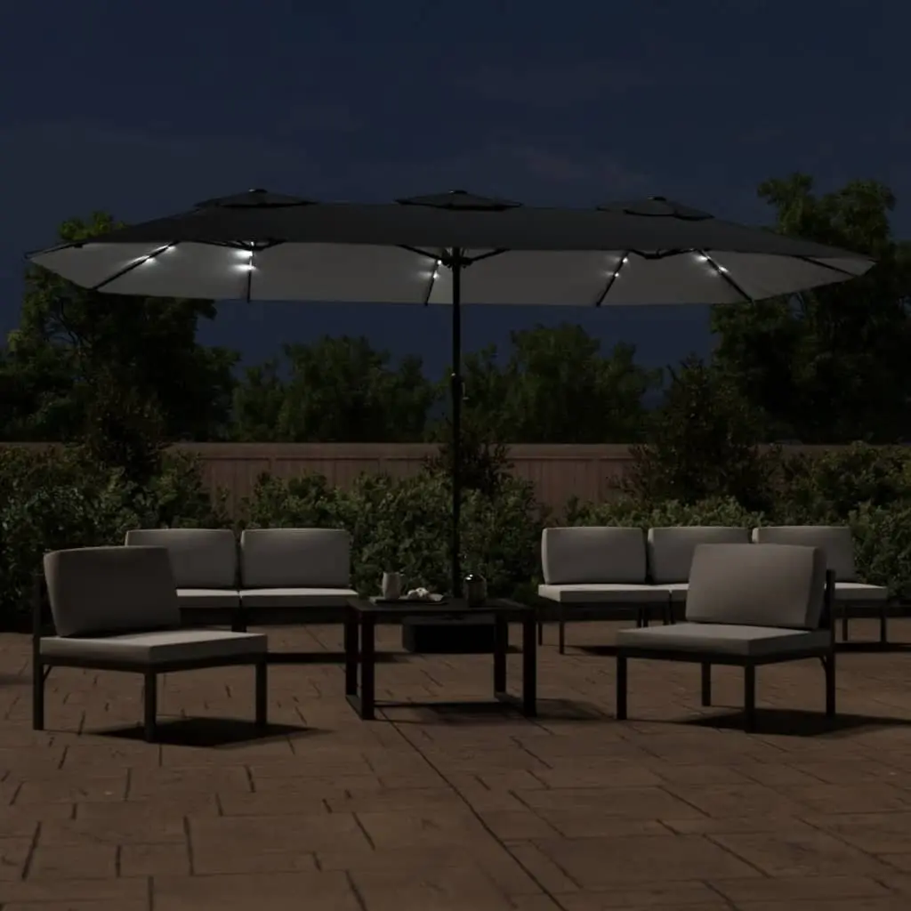 Double-Head Garden Parasol with LED Lights Outdoor Sunshade Patio Umbrella Black