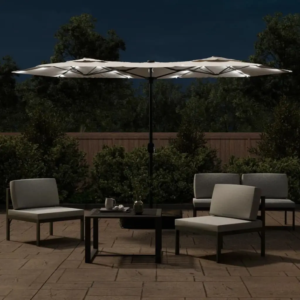 Double-Head Garden Parasol with LED Lights Outdoor Sunshade 316x145cm White