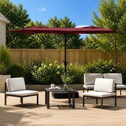 Double-Head Parasol with LED Lights: 316x145cm Red