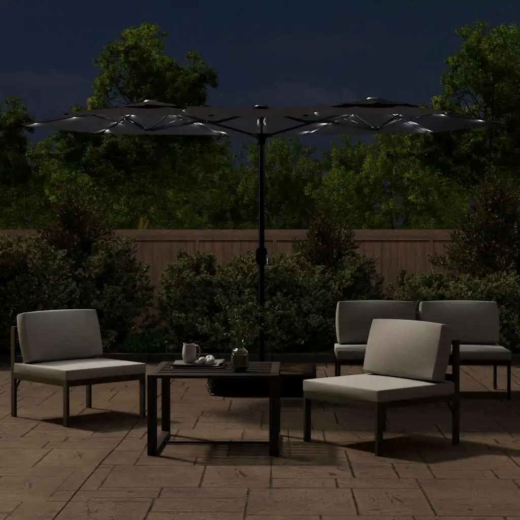Double-Head Garden Parasol with LED Lights Outdoor Patio Shade Umbrella