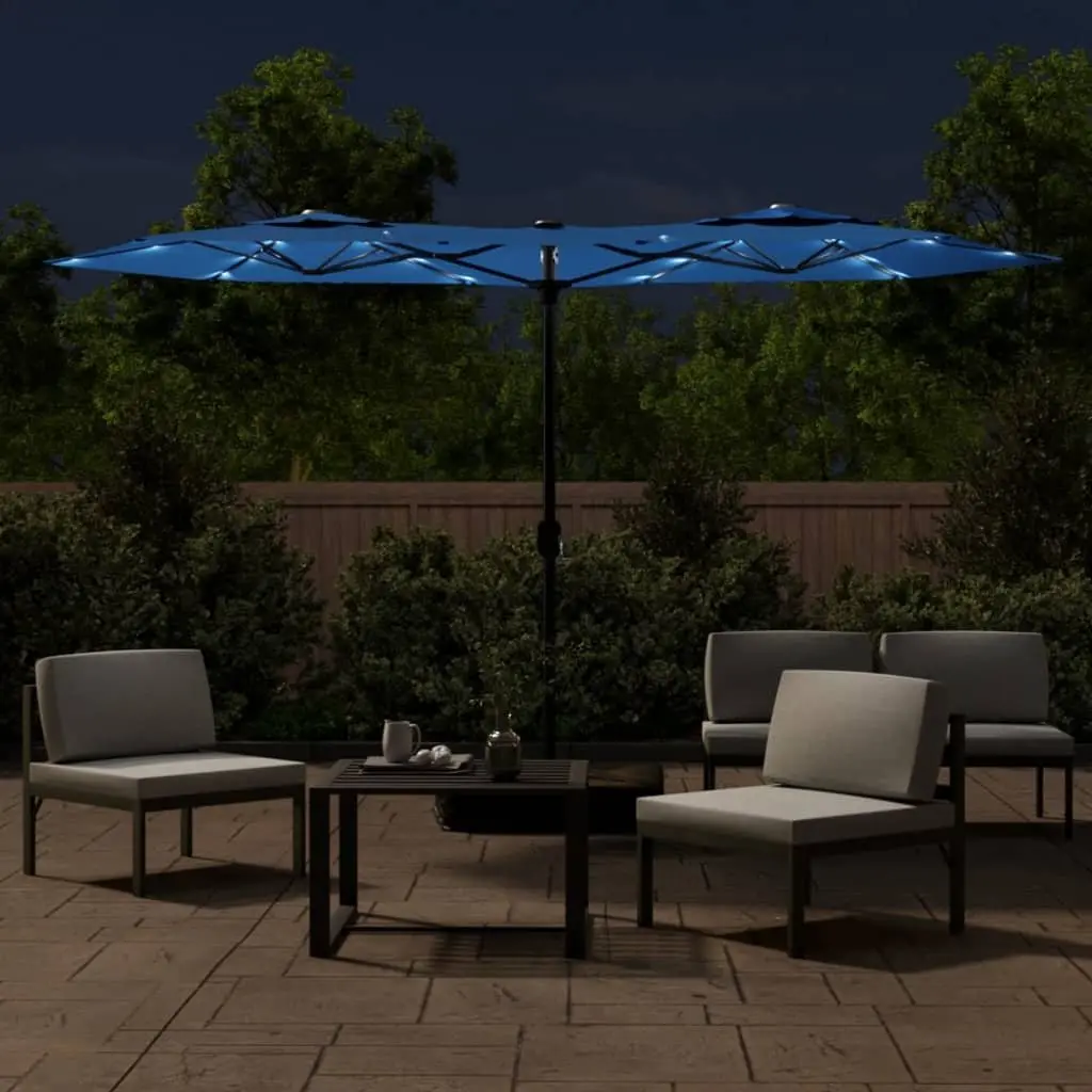 Double-Head Garden Parasol with LED Lights Azure Blue Outdoor Shade Umbrella