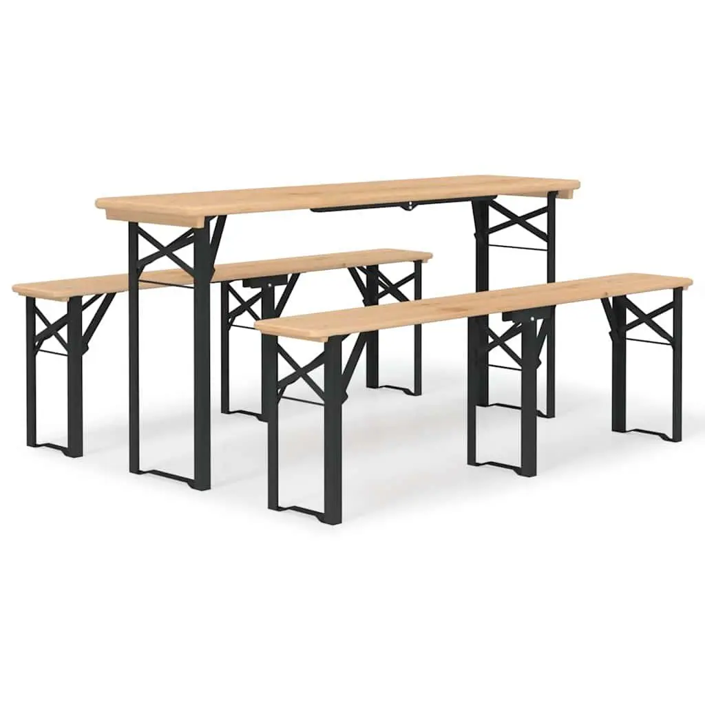 Folding Beer Table Set Outdoor Use 3 Piece Fir Wood Brown