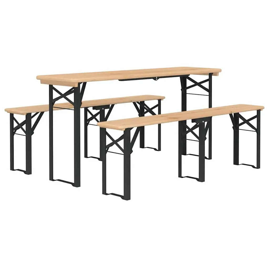 Folding Beer Table Set Outdoor Use 3 Piece Fir Wood Brown