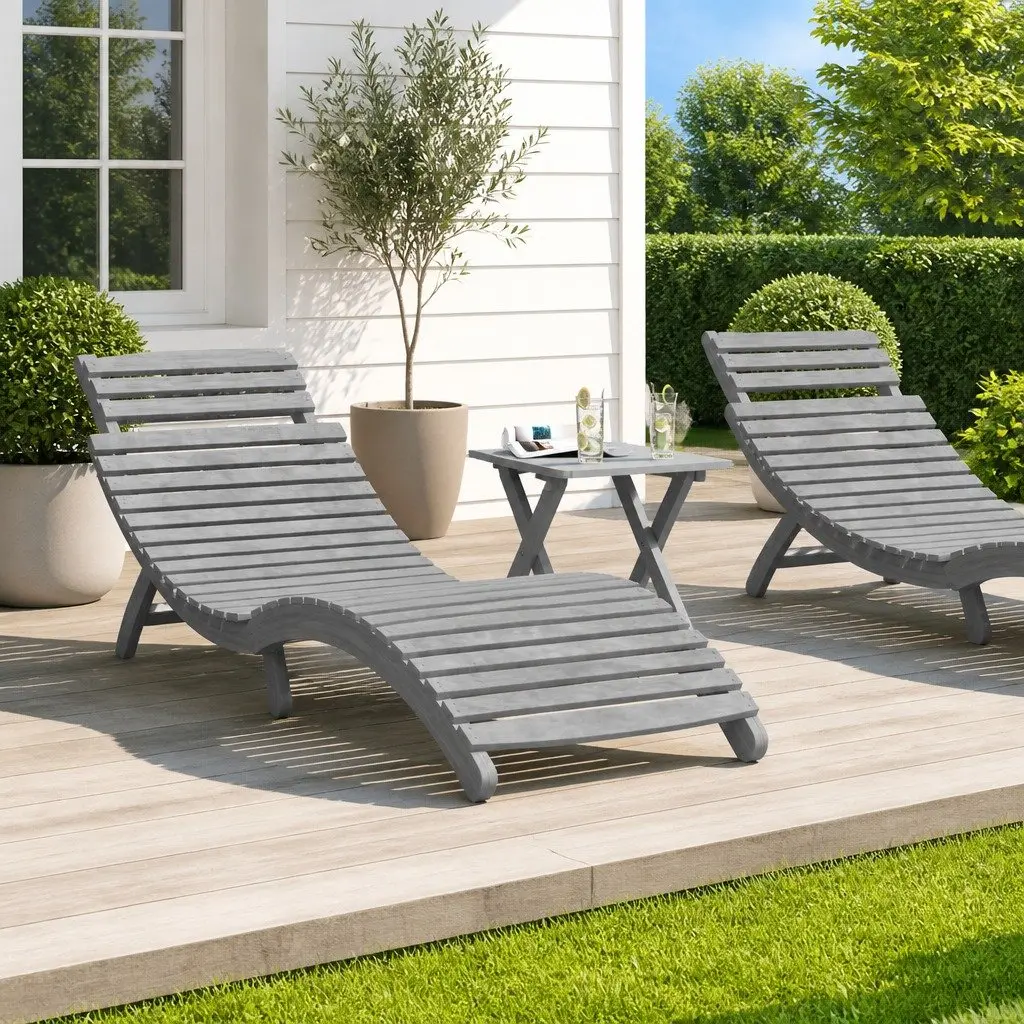Sun Lounger Outdoor Garden Patio Pool Foldable Grey Solid Wood Acacia 184 x 55 x 64 cm