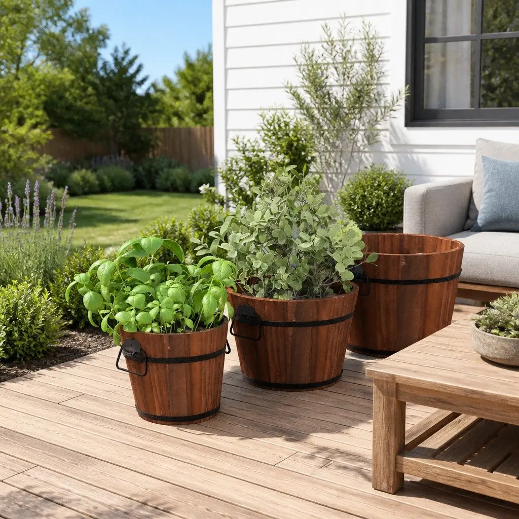 Wooden Bucket Planter Set for Garden 3 Piece