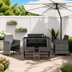 Garden Dining Set 6 Piece Outdoor Furniture Grey Poly Rattan with Cushions