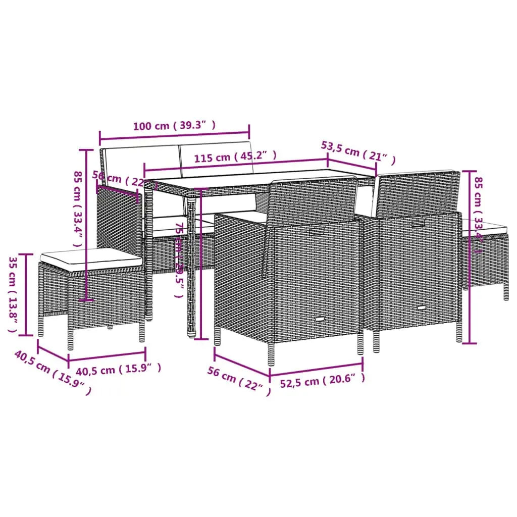 Garden Dining Set 6 Piece Outdoor Furniture Grey Poly Rattan with Cushions
