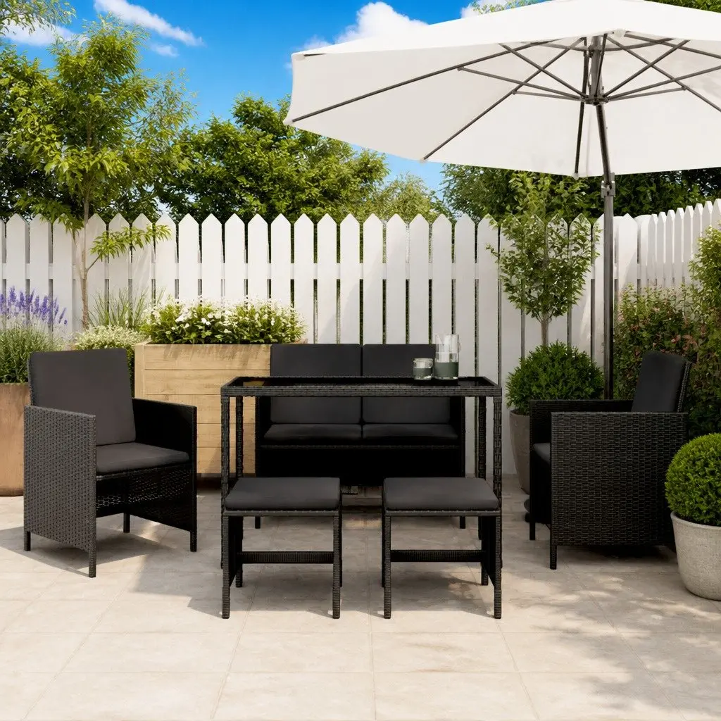 Garden Dining Set Outdoor Furniture 6 Piece Black Poly Rattan with Cushions