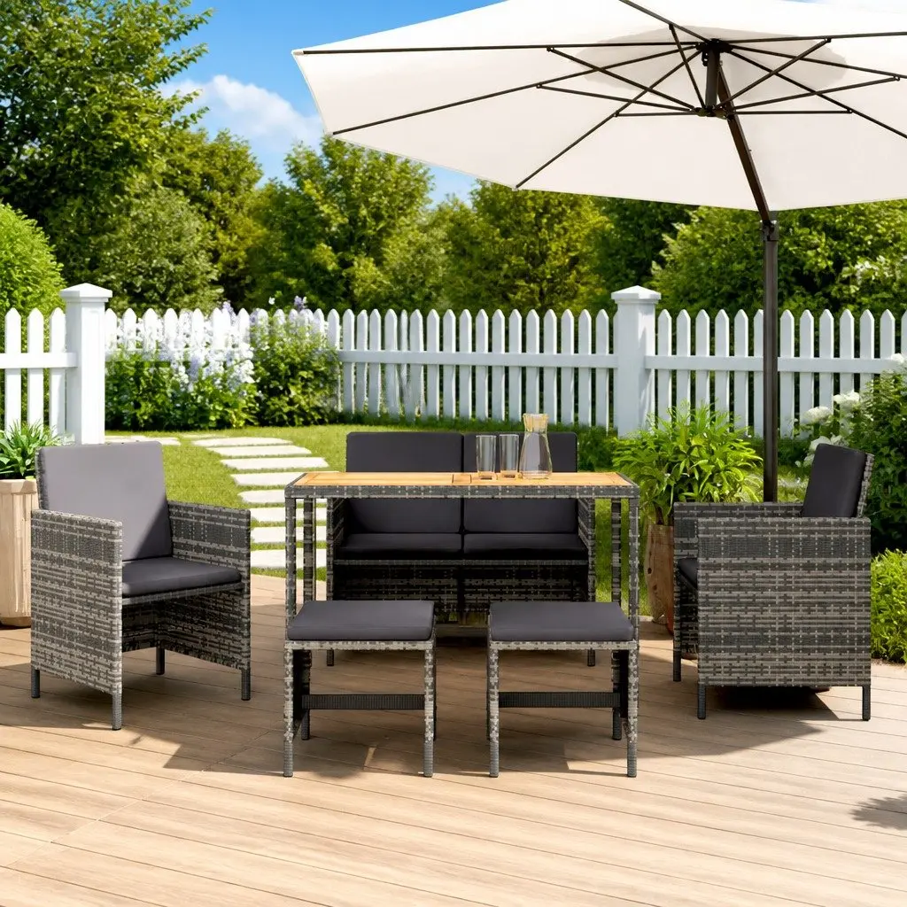 Garden Dining Set 6 Piece Outdoor Furniture Grey Rattan Table Chairs Cushions