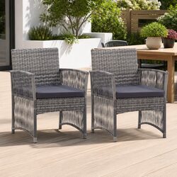 2 Grey Armchairs with Cushions - PE Rattan, Steel Frame