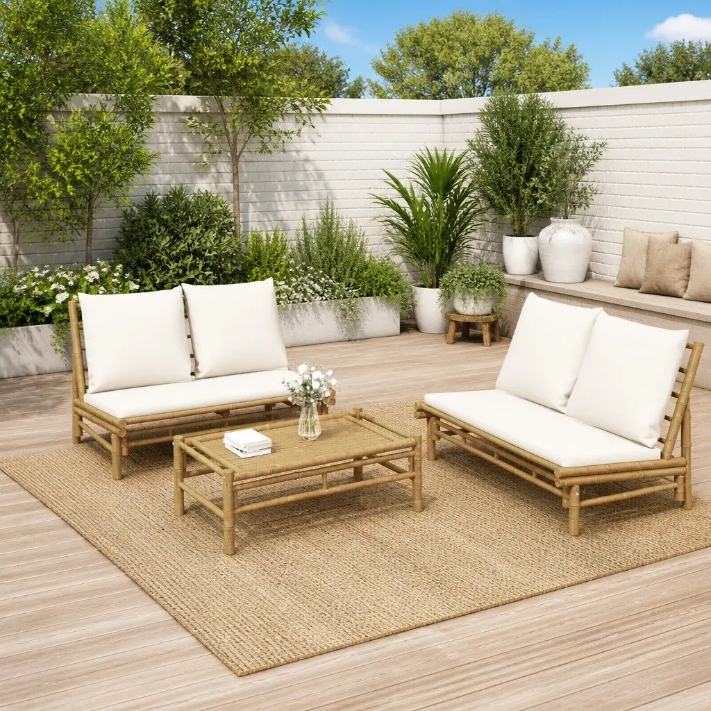Bamboo Sectional Sofa Outdoor Lounge Set 2 Piece with Cushions for Garden and Patio