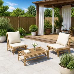 Outdoor Garden Chairs 2 Piece Set with Cushions Bamboo Patio Seating Backrest
