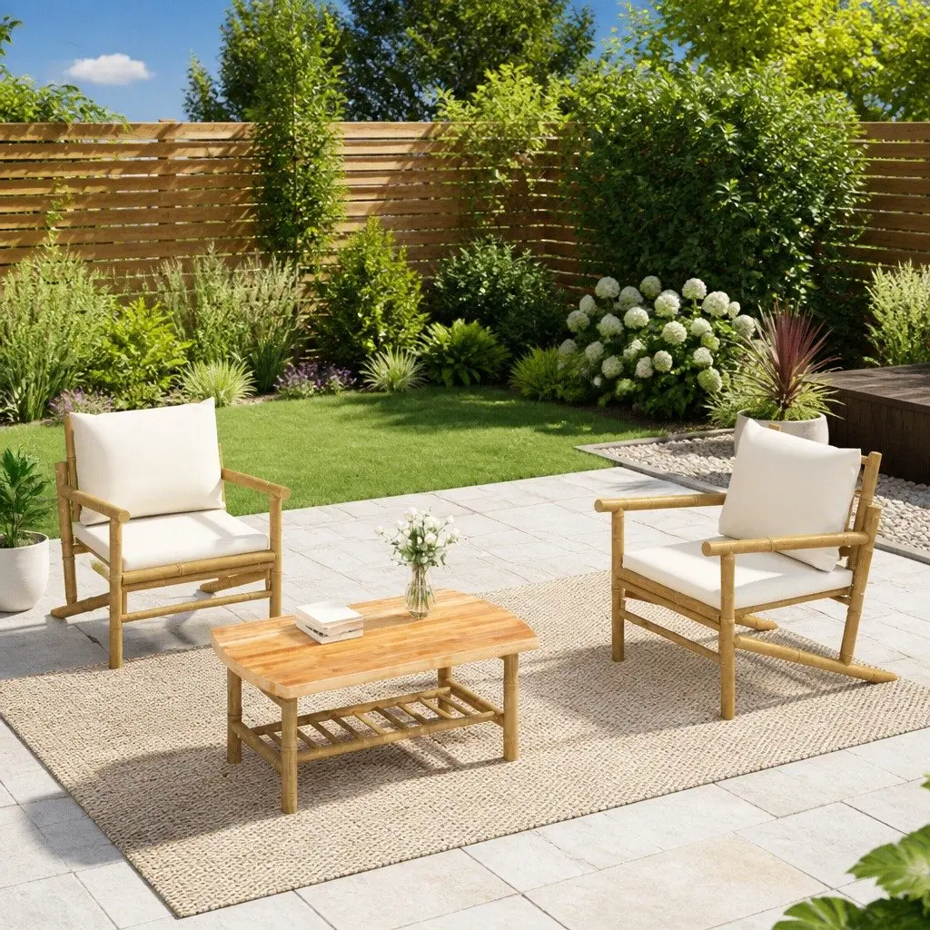 Bamboo Outdoor Chairs Set 2 Pieces with Backrest and Cream Cushions for Garden and Patio
