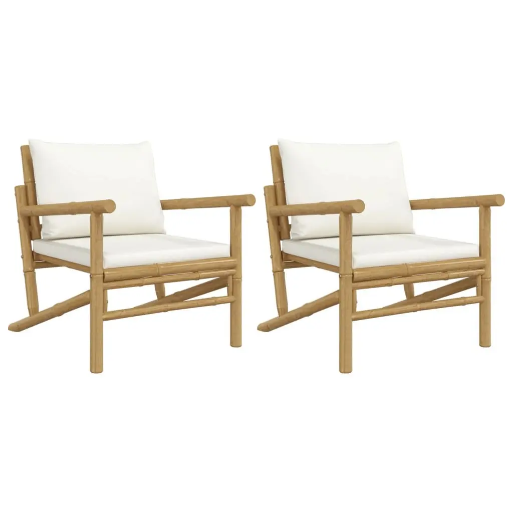 Bamboo Outdoor Chairs Set 2 Pieces with Backrest and Cream Cushions for Garden and Patio