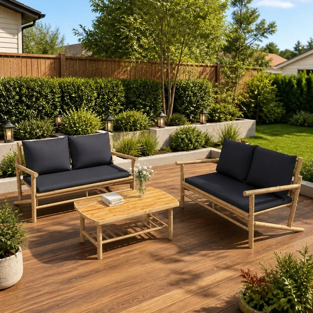 Garden Bench Bamboo Outdoor Patio Seating with Grey Cushions Backrest