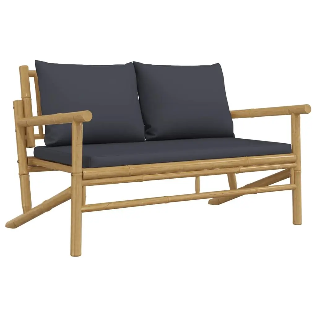 Garden Bench Bamboo Outdoor Patio Seating with Grey Cushions Backrest