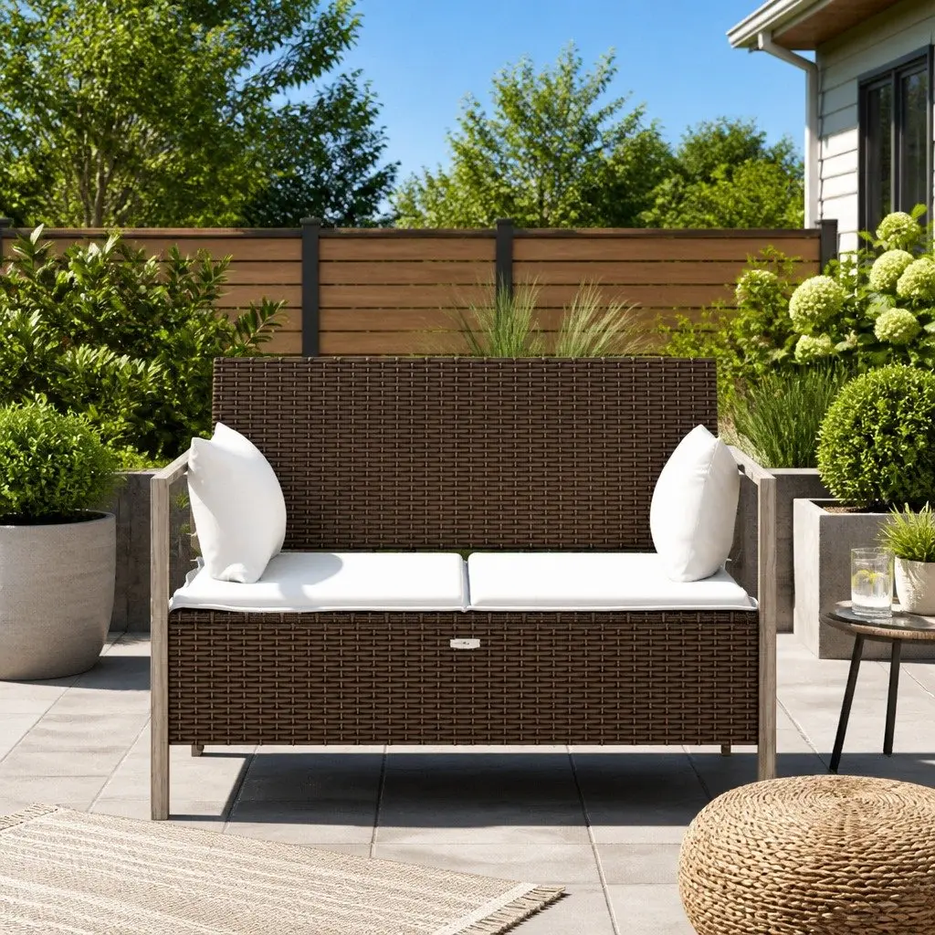 2-Seater Garden Bench for Outdoor Use with Storage Brown Poly Rattan