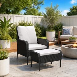 Black Garden Chair and Footstool - Steel Frame & Rattan