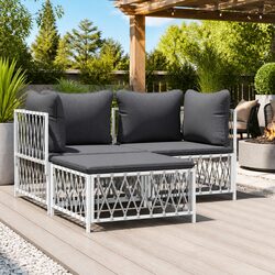Garden Footstool with Cushion White Woven Fabric Outdoor Seating Ottoman Patio