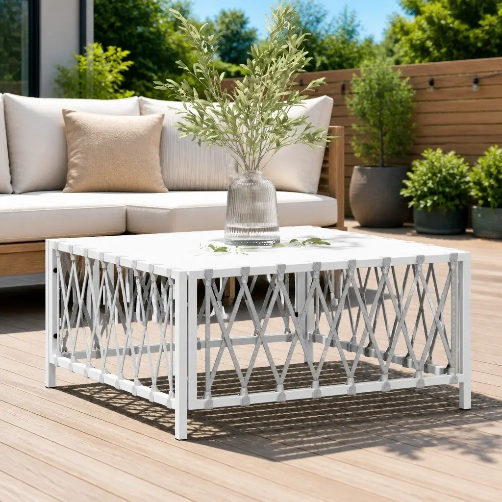 Garden Table Outdoor Use White 70x70x34cm Woven Fabric Patio Coffee Table