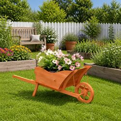 Wooden Wheelbarrow Planter Garden Flower Cart with Wheel Handles Drainage