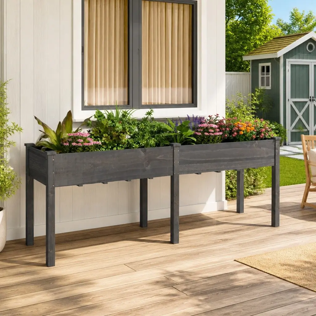 Wooden Planter Box for Garden Balcony 203 x 53 x 76 cm Grey