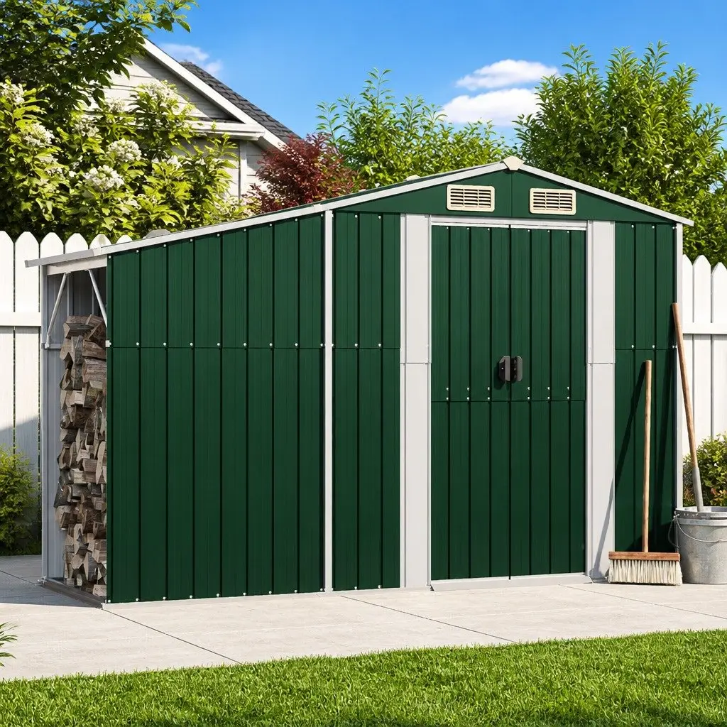 Garden Shed Green Metal Outdoor Storage Firewood Stand Ventilation Sloping Roof
