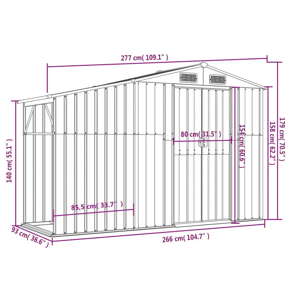 Garden Shed Outdoor Storage Grey Metal 277x93x179cm
