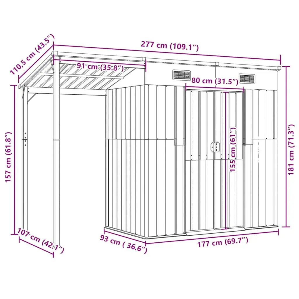 Garden Shed Extended Roof Grey Outdoor Storage Steel Galvanised 277x107x181cm
