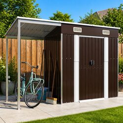 Metal Outdoor Garden Shed Brown 277x107x181cm with Extended Roof