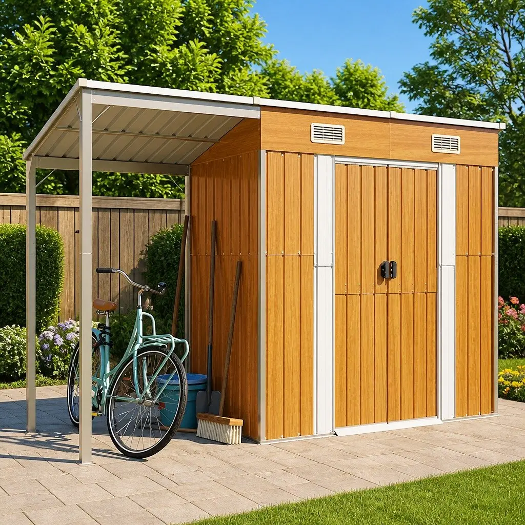 Garden Shed Outdoor Tool Storage Extended Roof Brown Steel 277 x 107 x 181 cm