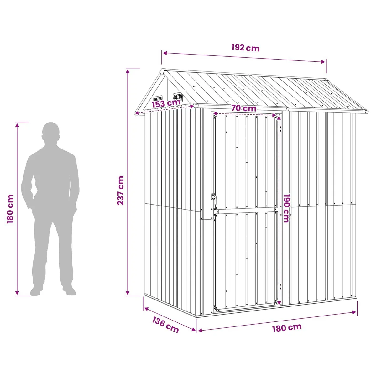 Garden Shed Grey 192x152.5x237cm Galvanised Steel Outdoor Storage Tool House