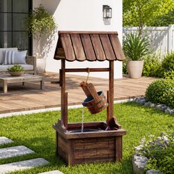 Wooden Wishing Well Fountain: 57x50x112 cm, Electric Pump