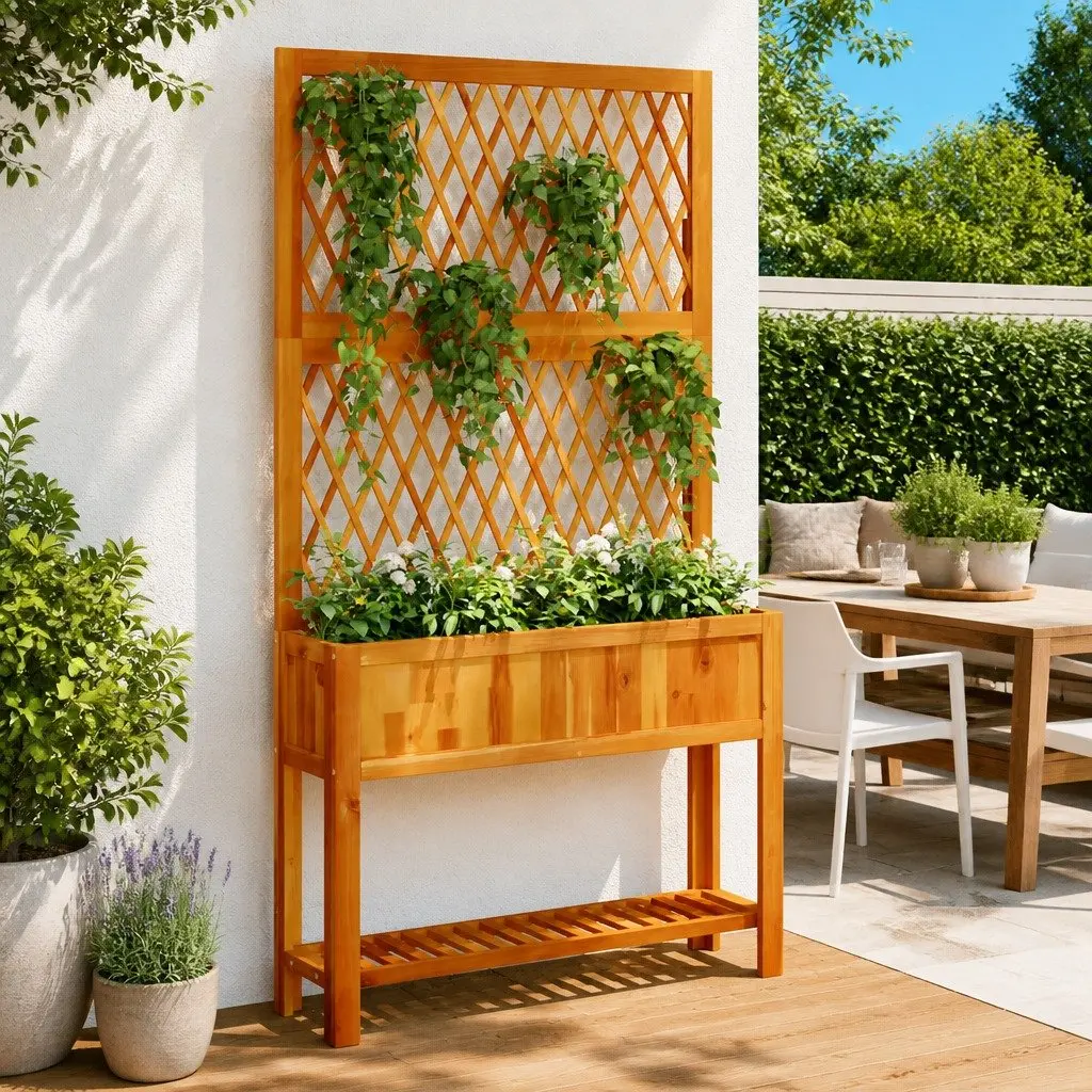 Wooden Planter with Trellis Shelf Garden Patio Outdoor Standing Tall Acacia