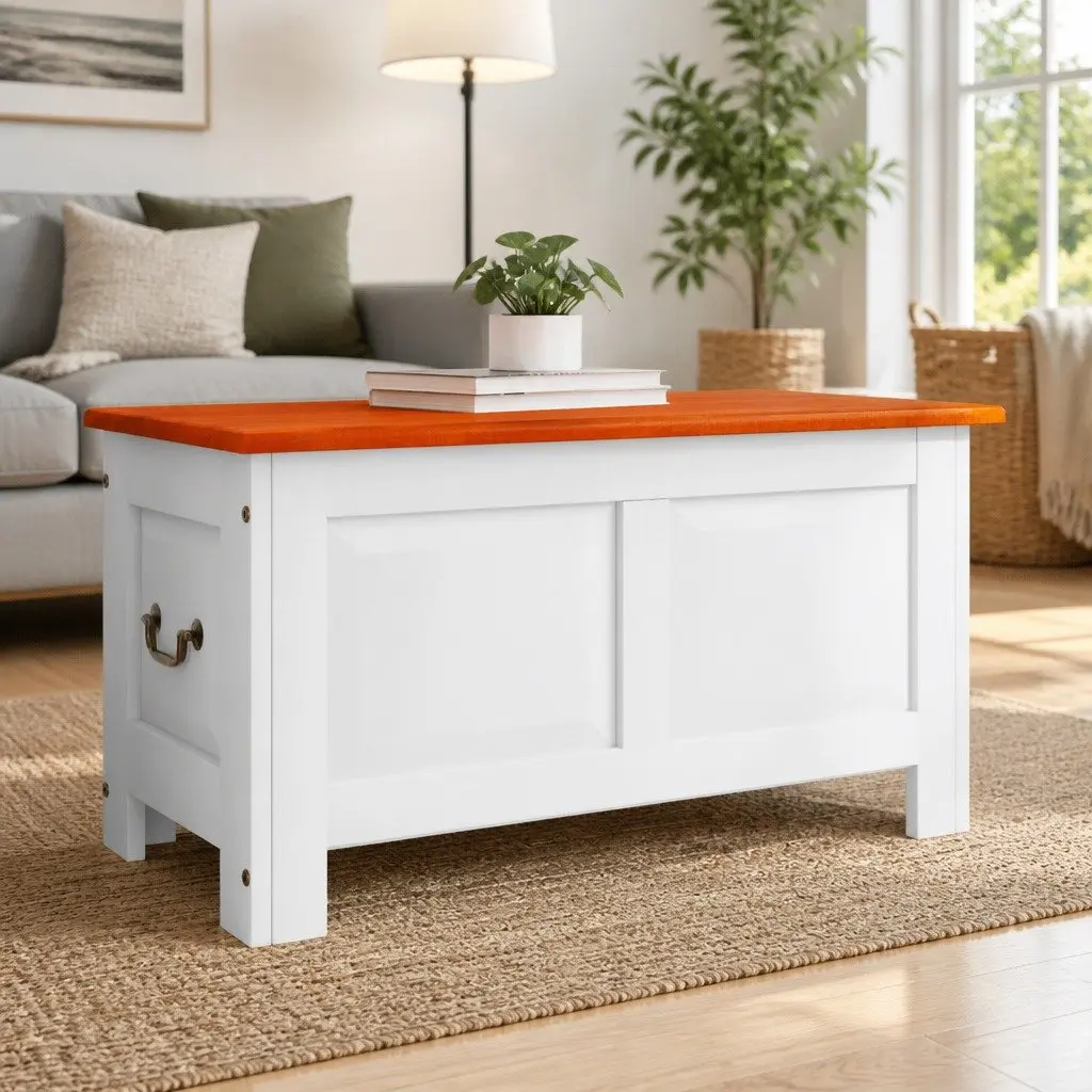 Storage Chest with Lid White Solid Wood Acacia Living Room Bedroom