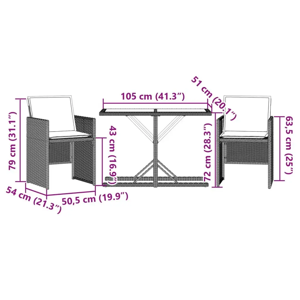 3 Piece Bistro Set for Garden Patio Grey Poly Rattan Chairs Table
