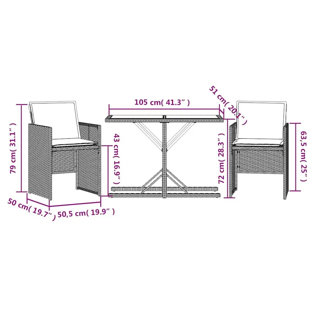 3 Piece Outdoor Bistro Set Garden Furniture Beige Poly Rattan Cushions Table