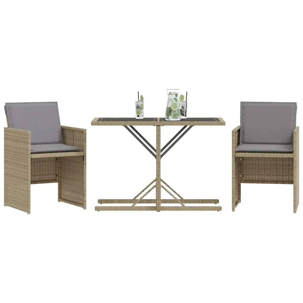 3 Piece Outdoor Bistro Set Garden Furniture Beige Poly Rattan Cushions Table