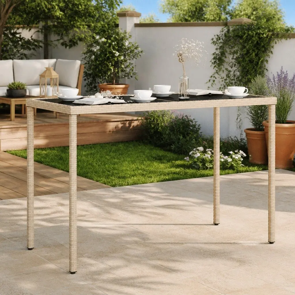 Garden Table Glass Top Beige Outdoor Patio Furniture 115x54x74cm Poly Rattan