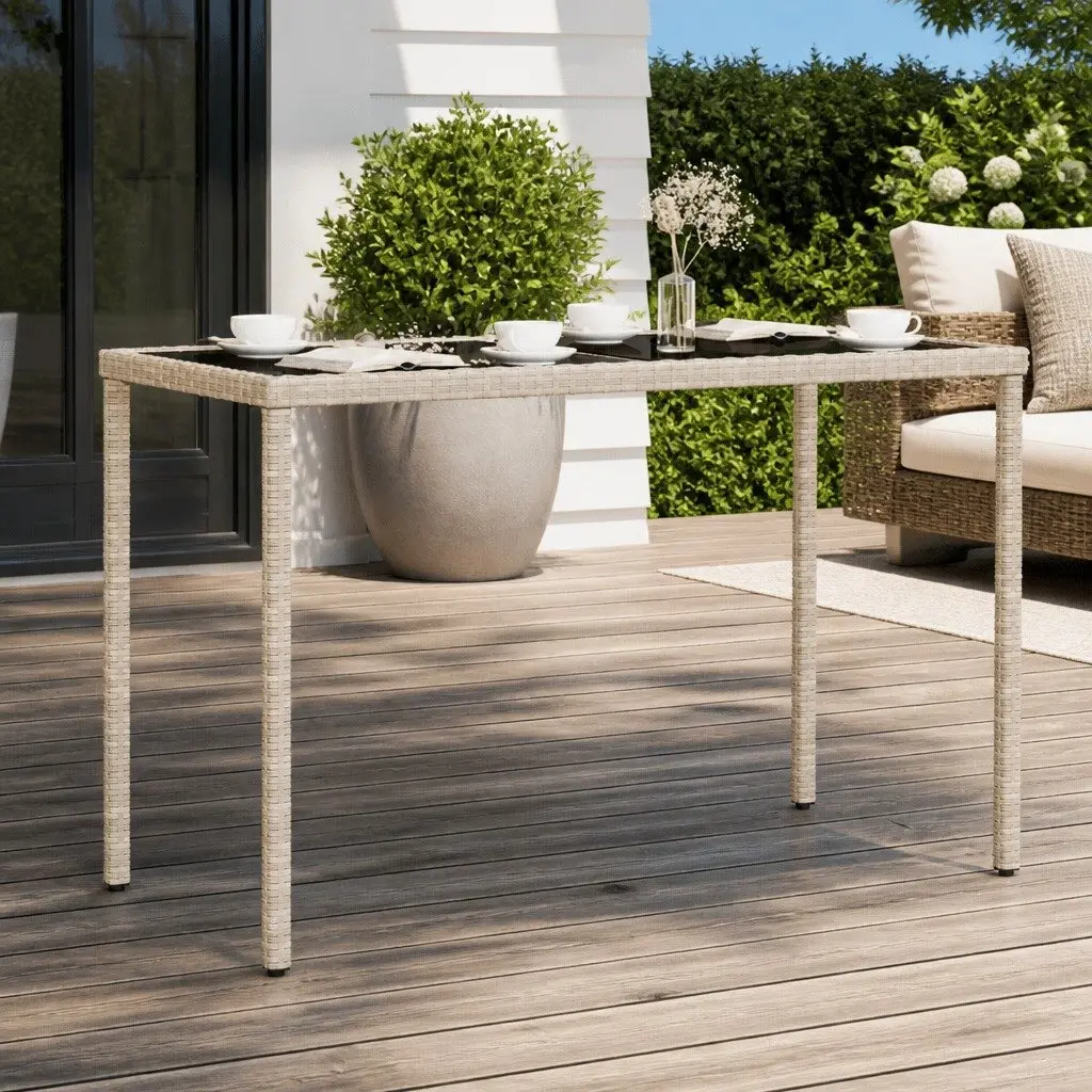 Garden Table Outdoor Patio Grey Glass Top Poly Rattan 115x54x74cm