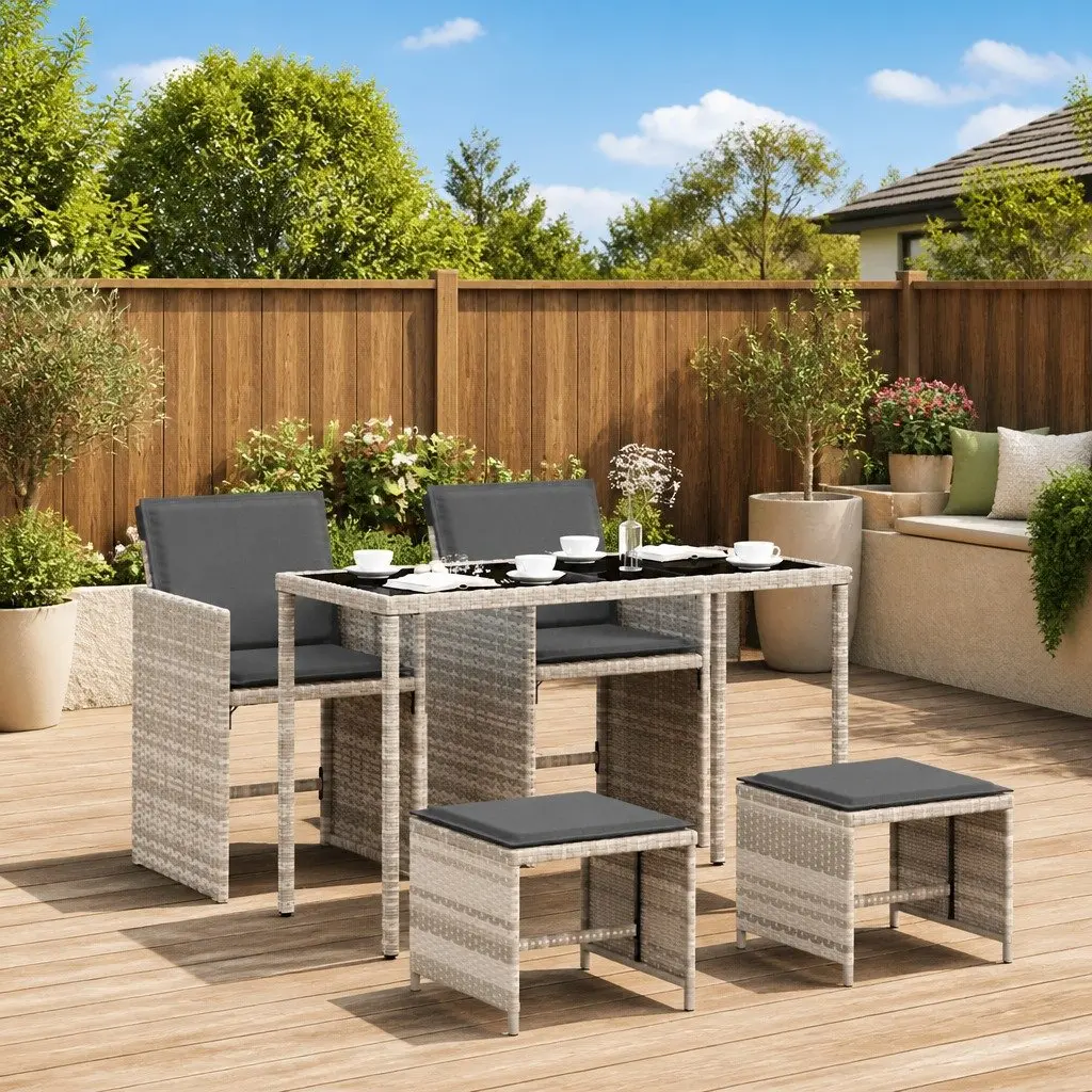 5 Piece Garden Dining Set Outdoor Use Grey PE Rattan Chairs Table Cushions