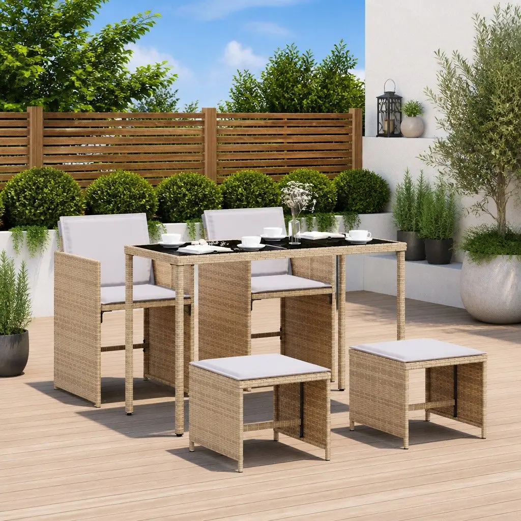 Outdoor Garden Dining Set 5 Piece Beige Poly Rattan Chairs Table Patio
