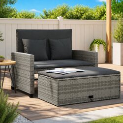 2-Seater Sofa Bed with Footstool: Grey Poly Rattan Details