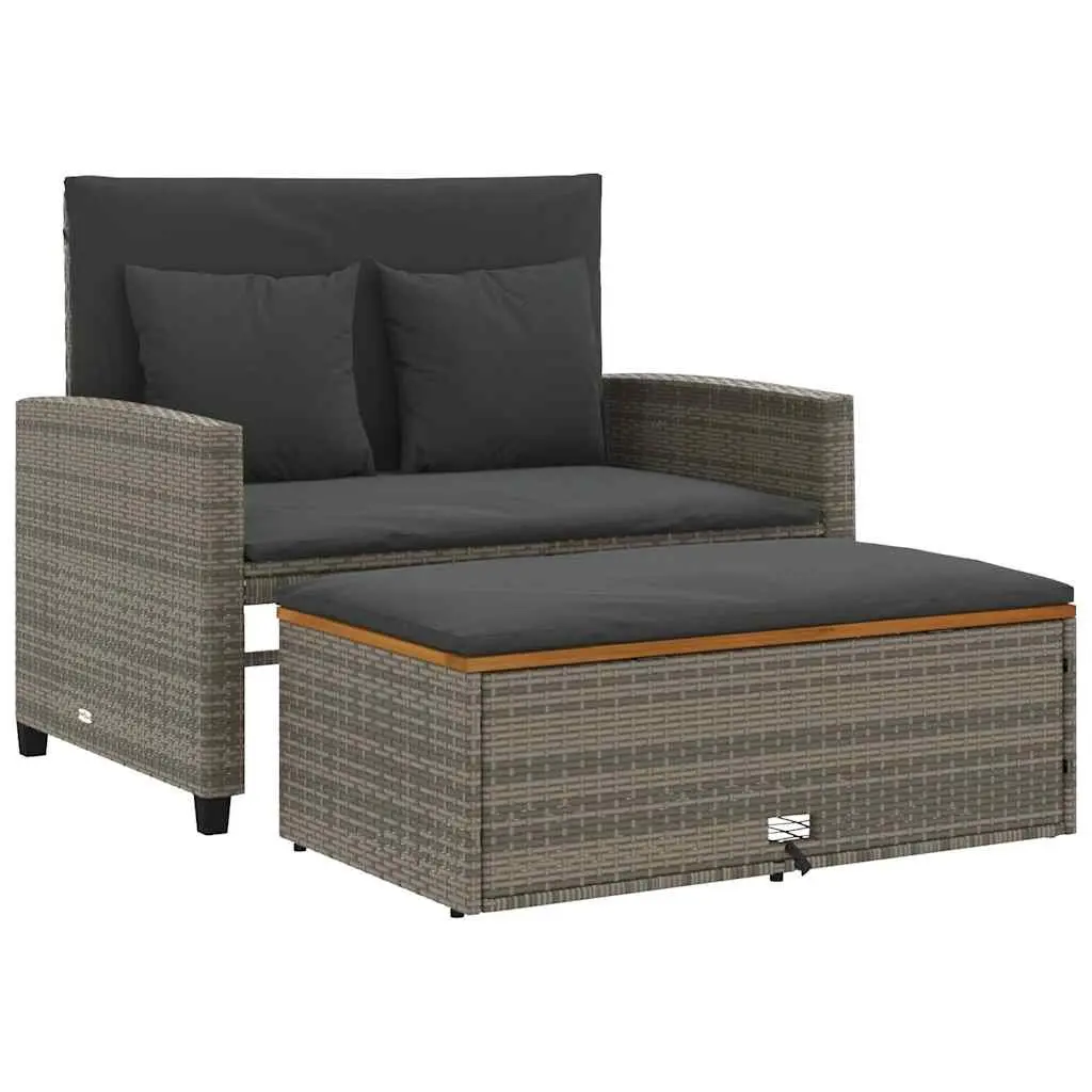 2-Seater Garden Sofa Bench Outdoor Grey Poly Rattan Acacia Wood