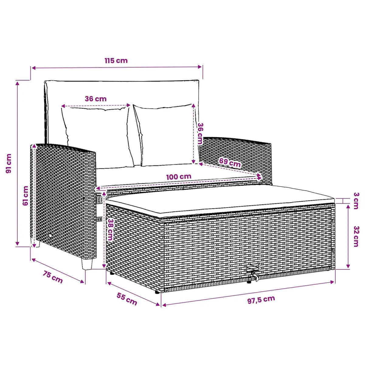 2-Seater Garden Sofa Bench Outdoor Grey Poly Rattan Acacia Wood
