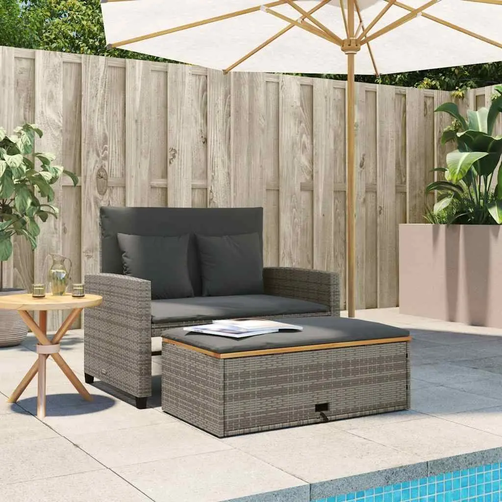 2-Seater Garden Sofa Bench Outdoor Grey Poly Rattan Acacia Wood