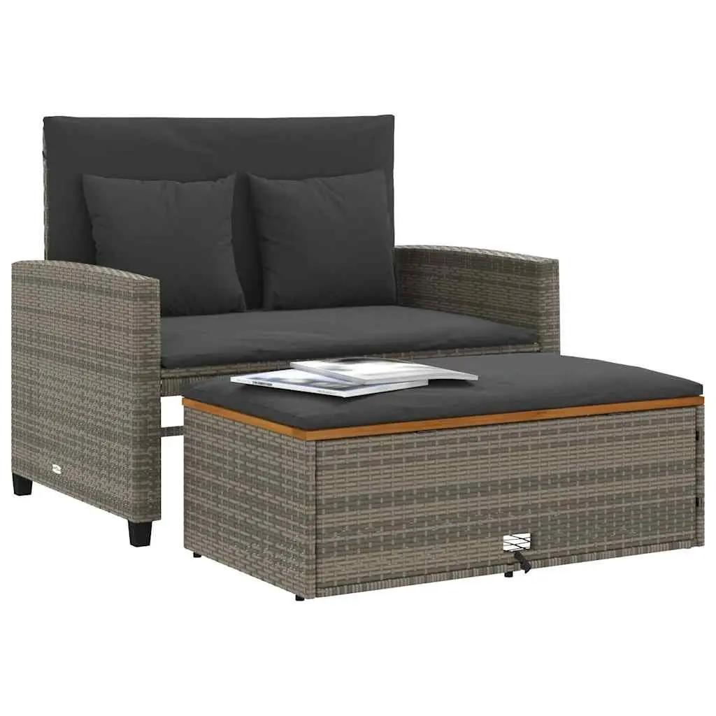 2-Seater Garden Sofa Bench Outdoor Grey Poly Rattan Acacia Wood