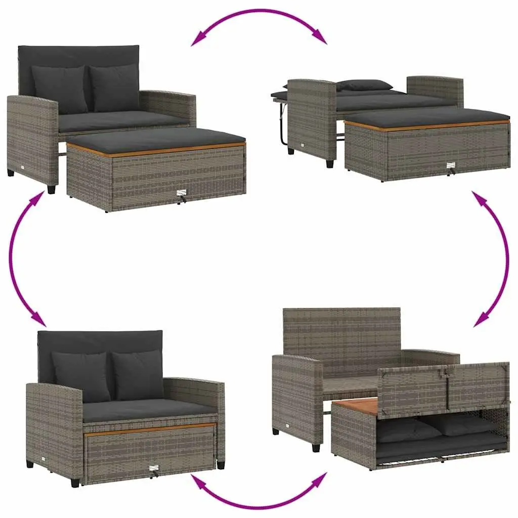 2-Seater Garden Sofa Bench Outdoor Grey Poly Rattan Acacia Wood
